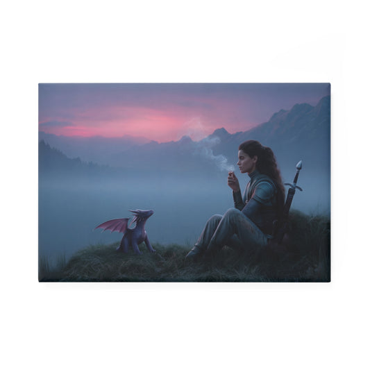 Warrior and Dragon Sunset Magnet – Quiet Alliance on Misty Peaks
