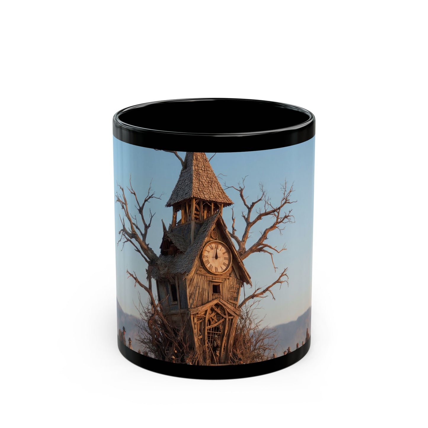 Clocktower in the Dust Black Mug – Wandering Timekeeper in the Desert