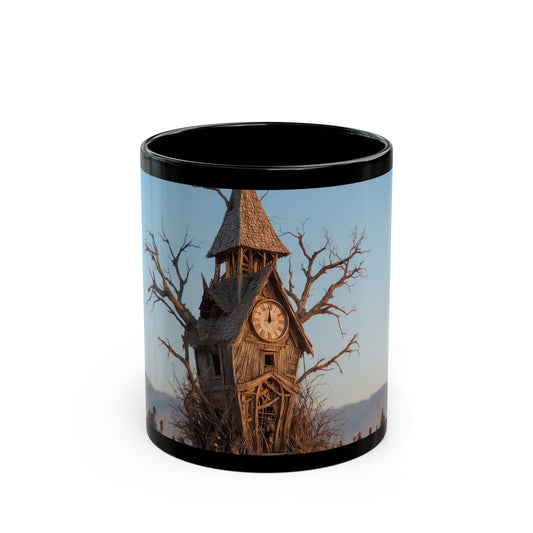 Clocktower in the Dust Black Mug – Wandering Timekeeper in the Desert