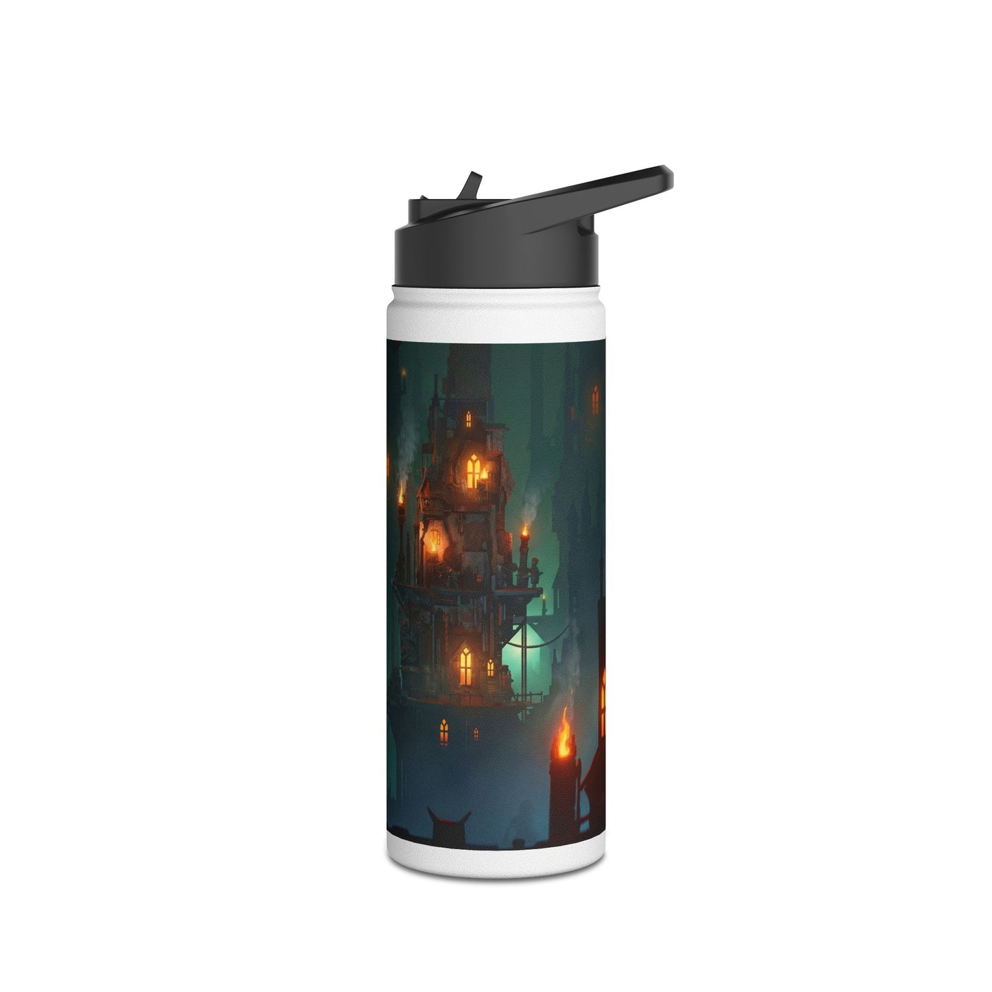 Floating City of Gilded Sparks Stainless Steel Water Bottle, Standard Lid – Neon Fog & Ember-Lit Towers