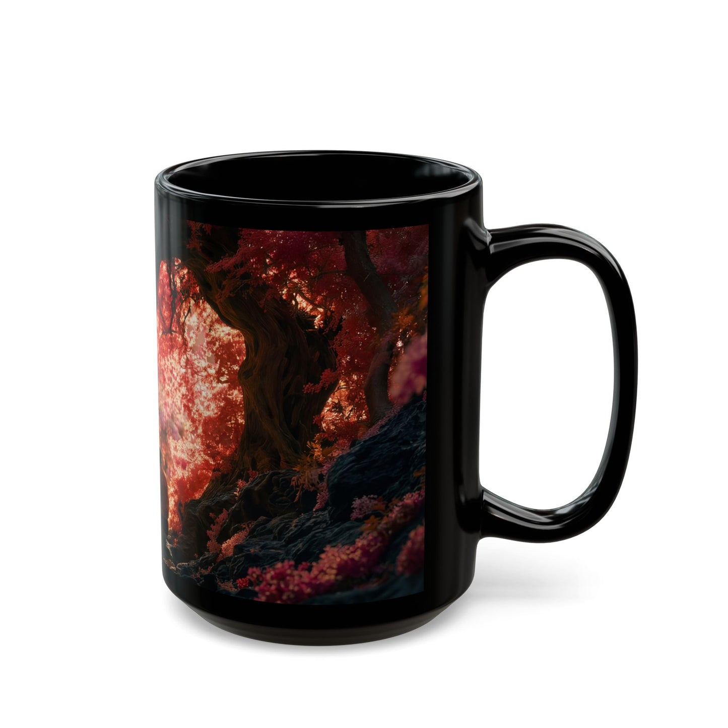 Crimson Canopy Couple Mug – Sunset Embrace in Fantasy Forest
