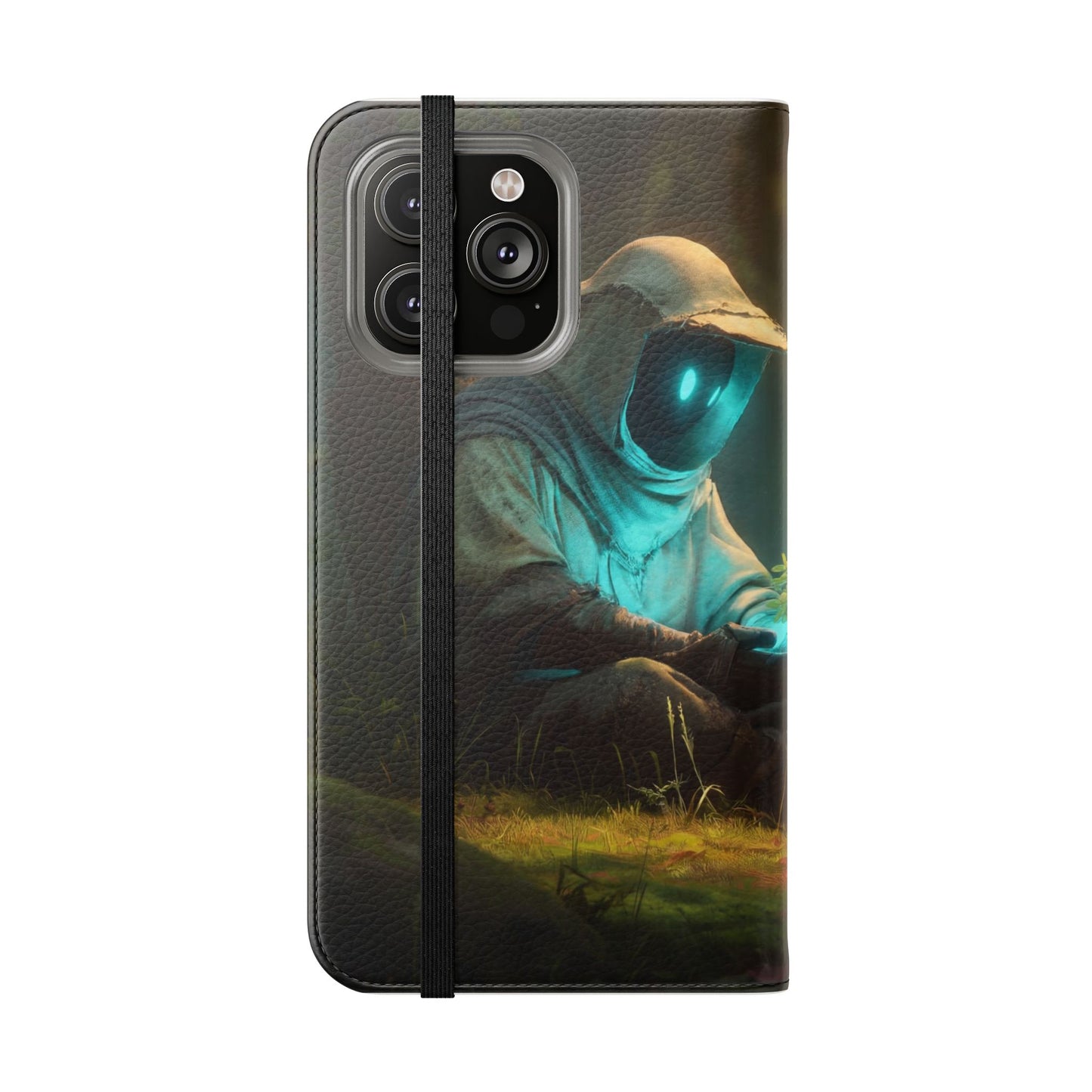 Glowing Orb Hooded Guardian Flip Cases – Bioluminescent Forest Keeper