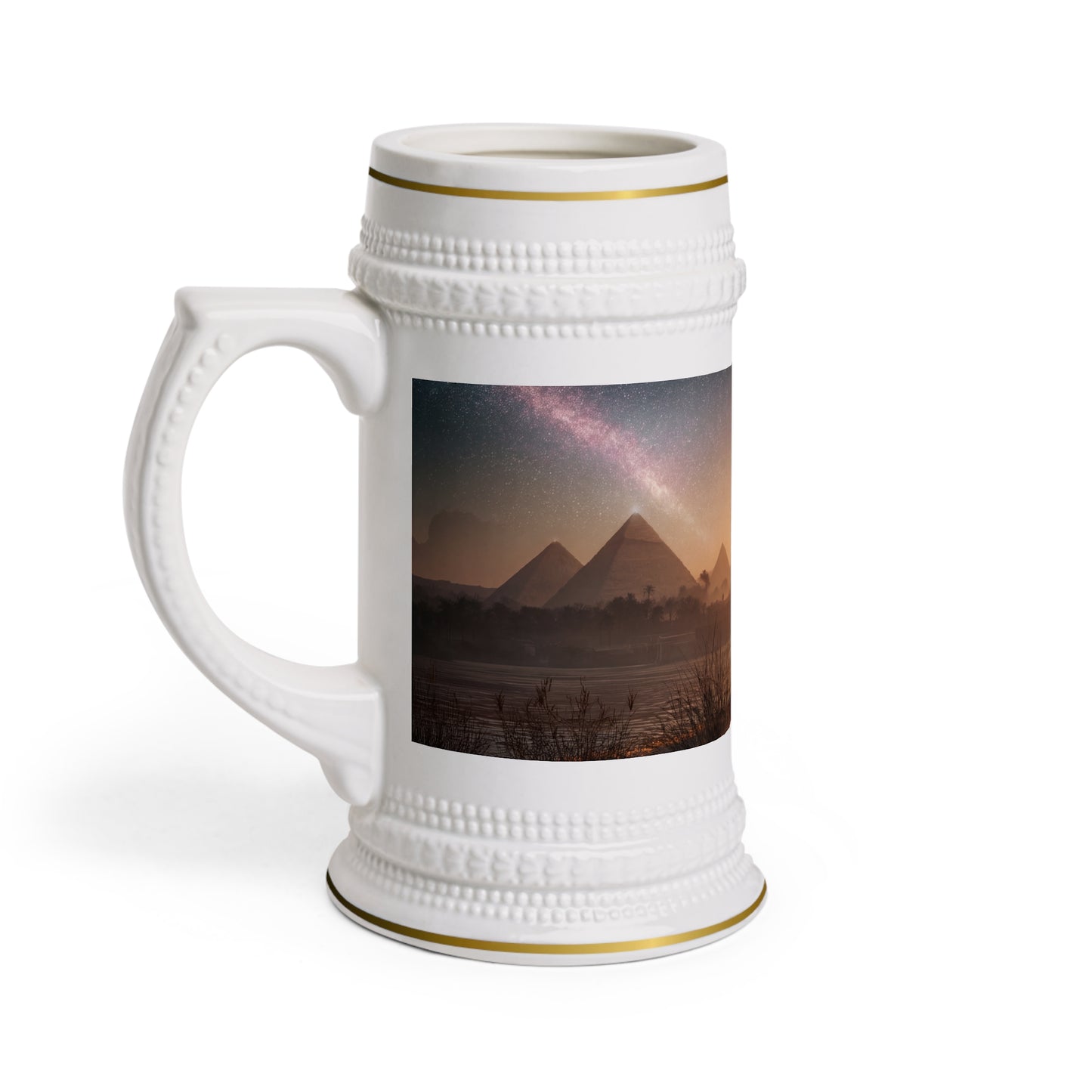 Twin Cats Gazing at Pyramids Stein Mug – Milky Way Sunset Scene
