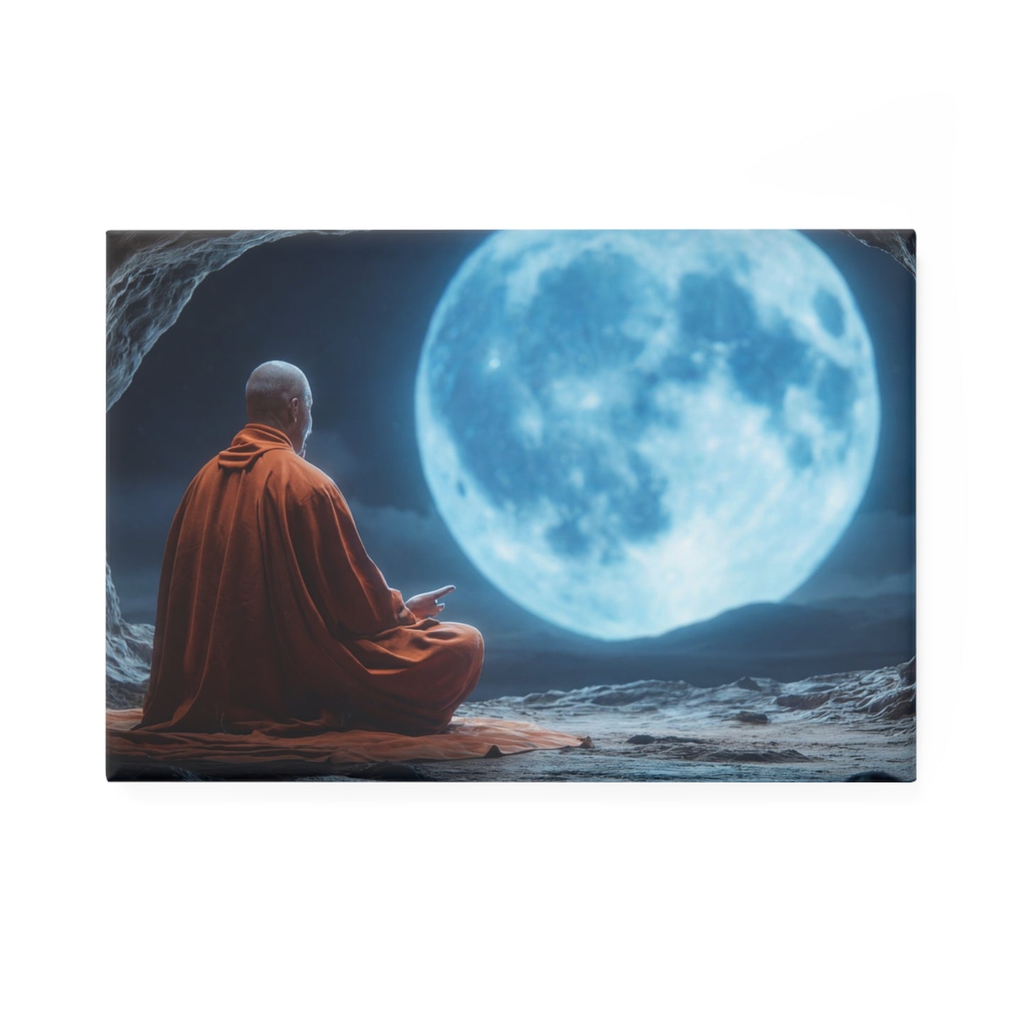 Monk Beneath the Blue Moon Button Magnet, Rectangle (1 & 10 pcs) – Serene Night Meditation