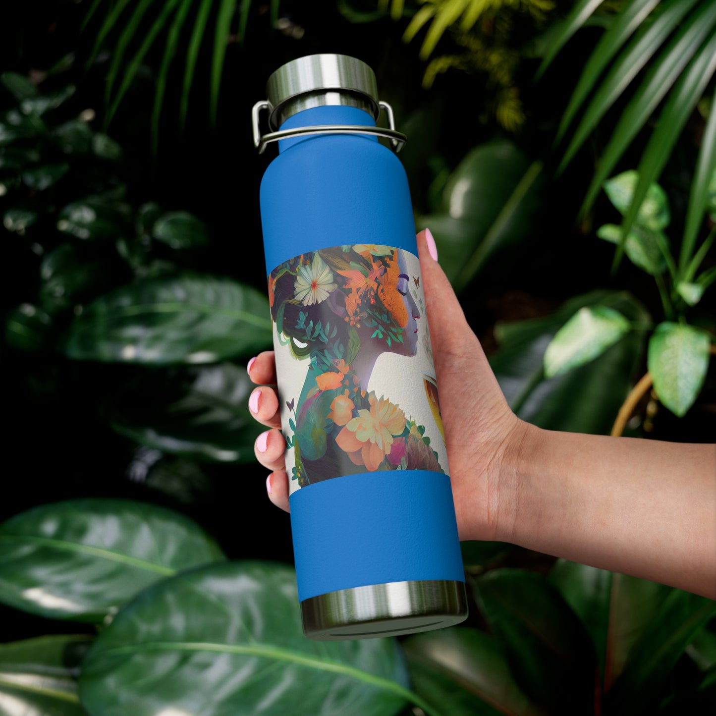 character design, double exposure shot, front profile of a beautiful tea faerie filled with a blooming amazonian jungle, happiness - Copper Vacuum Insulated Bottle, 22oz