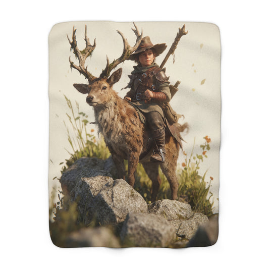 Young Knight on Stag Sherpa Fleece Blanket – Mossy Antlers and Warm Autumn Glow