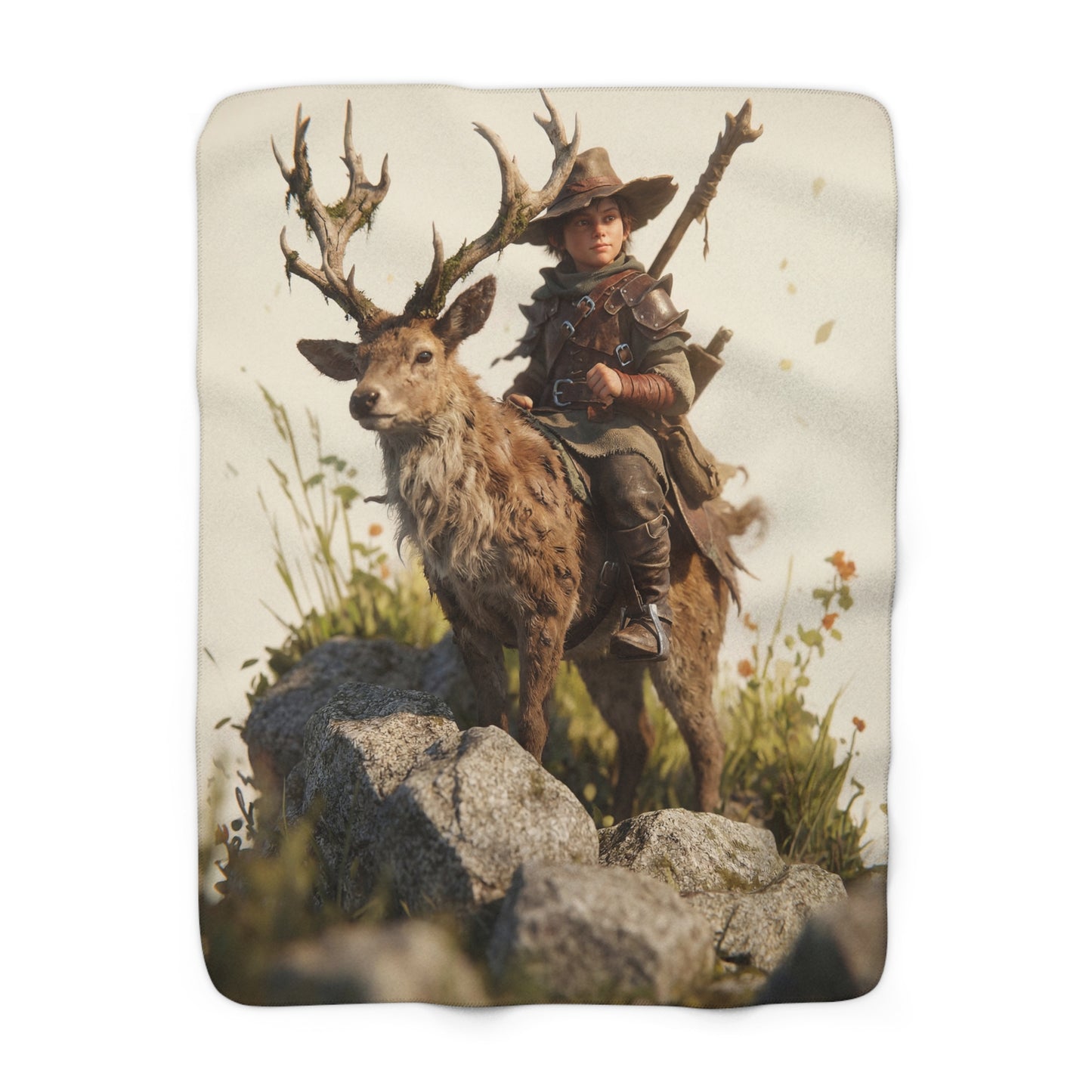 Boy with Antlered Deer Sherpa Fleece Blanket – Sunlit Mountain Guardian