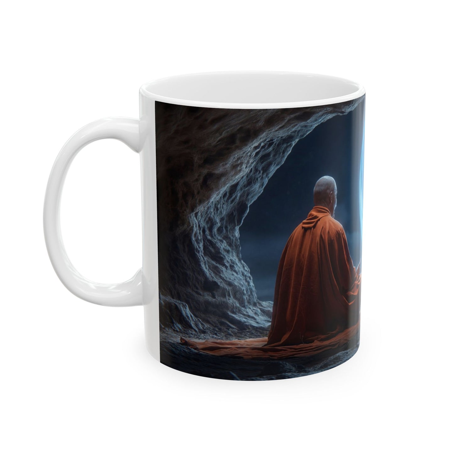 Moonlit Monk Meditation Mug – Tranquil Cave Reflections
