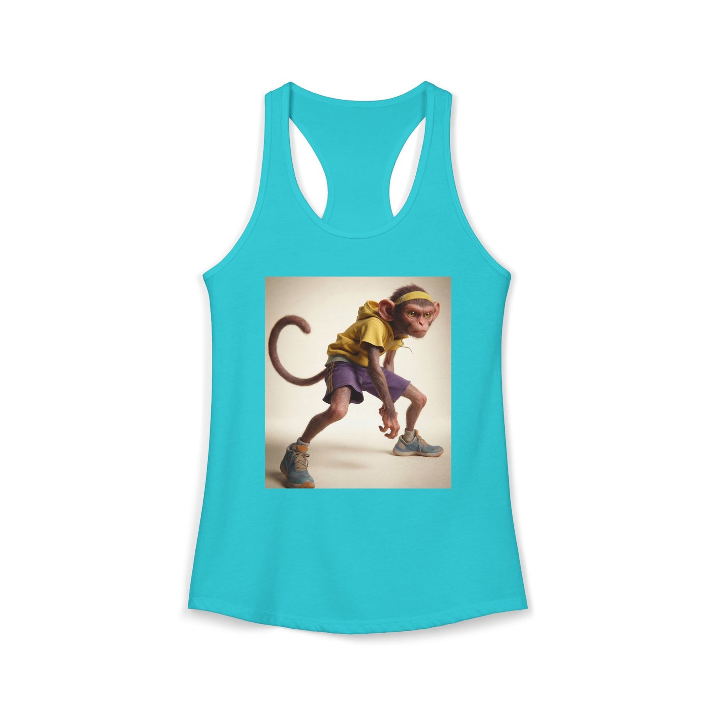 Gym Monkey Women's Ideal Racerback Tank – Yellow Hoodie and Purple Shorts Athletic Pose
