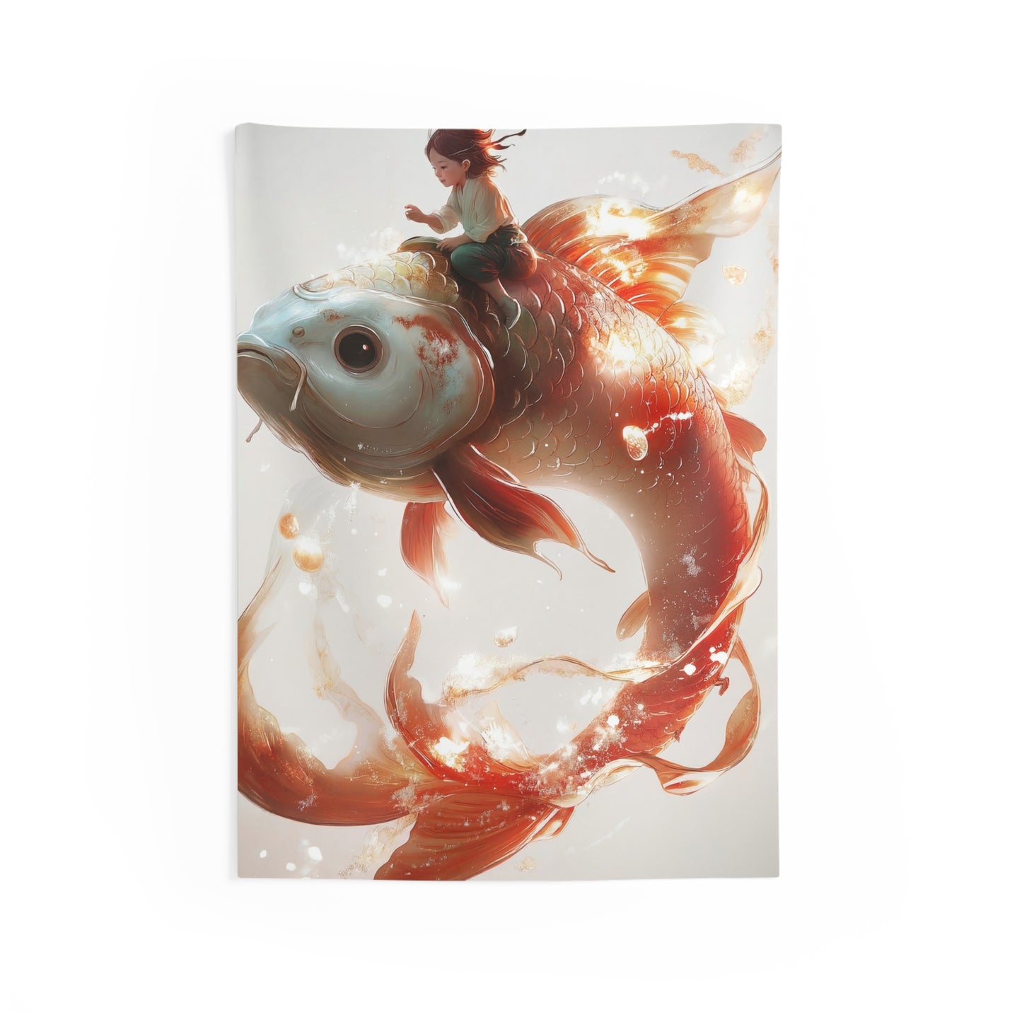 Child on Glowing Goldfish Indoor Wall Tapestries – Whimsical Journey Through Liquid Light
