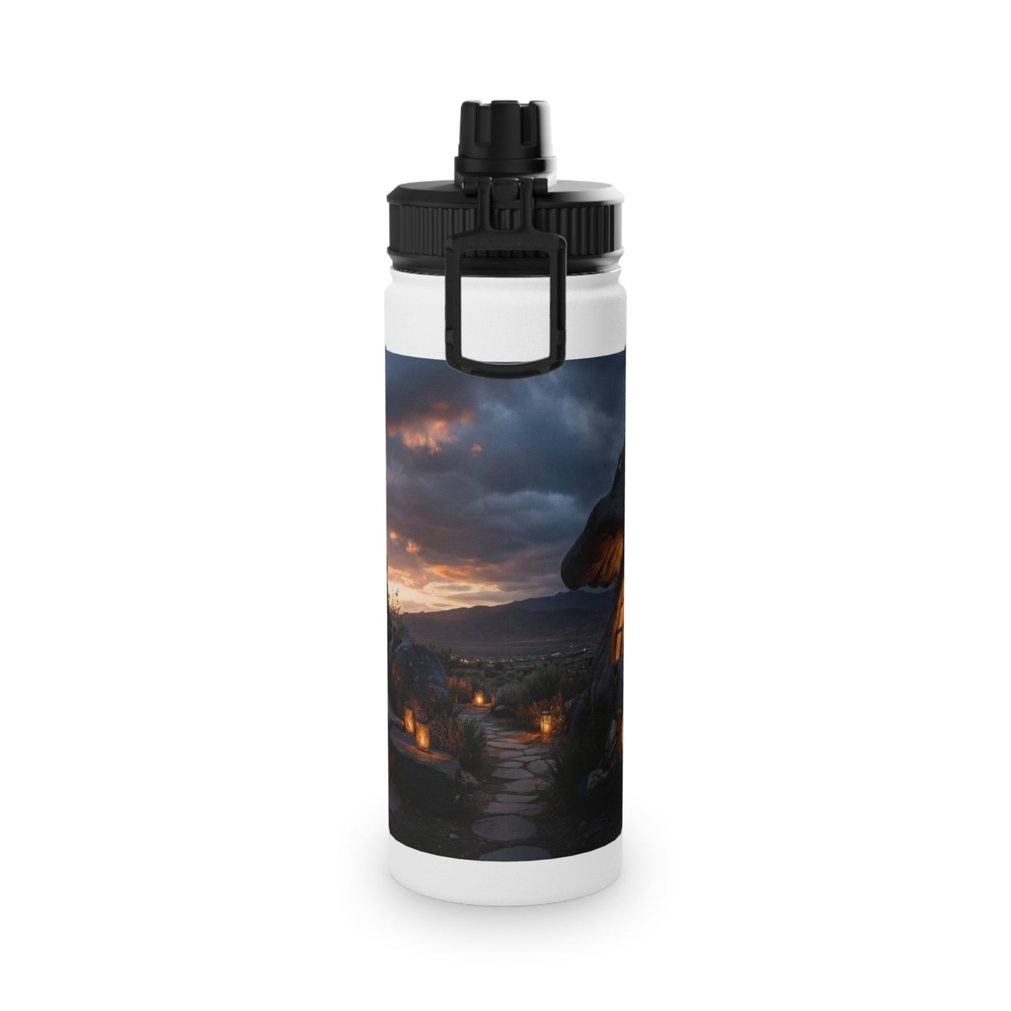 Mushroom Grove Retreat Stainless Steel Water Bottle, Sports Lid – Twilight Fairy Home Dreamscape