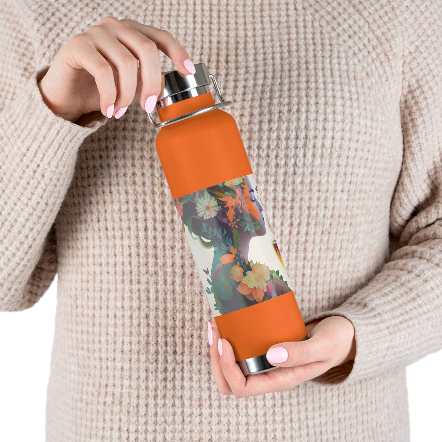 character design, double exposure shot, front profile of a beautiful tea faerie filled with a blooming amazonian jungle, happiness - Copper Vacuum Insulated Bottle, 22oz