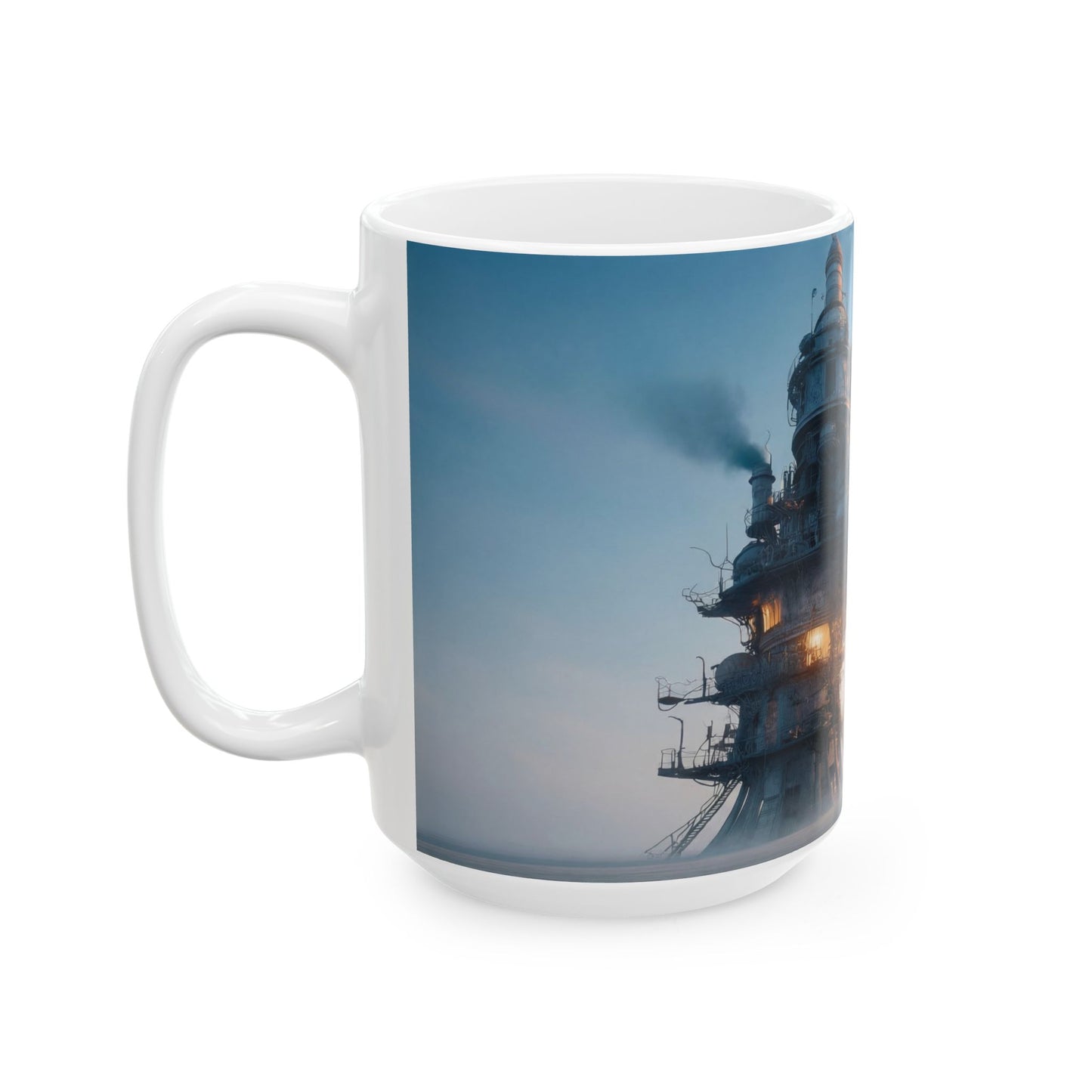 Skyward Steam Tower Ceramic Mug – Dawn’s Industrial Reverie