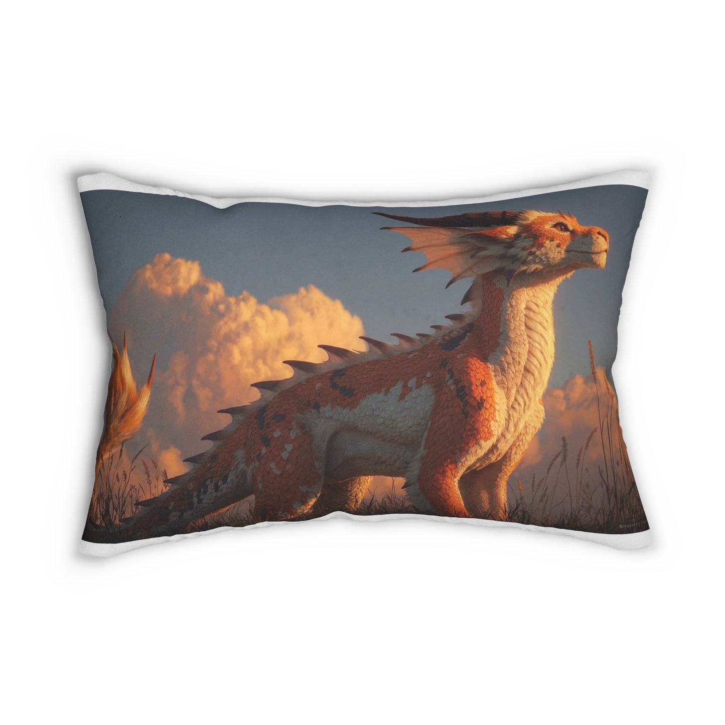 Sunset Sentinel Dragon Lumbar Pillow – Warm Amber Glow Through Tall Grasses