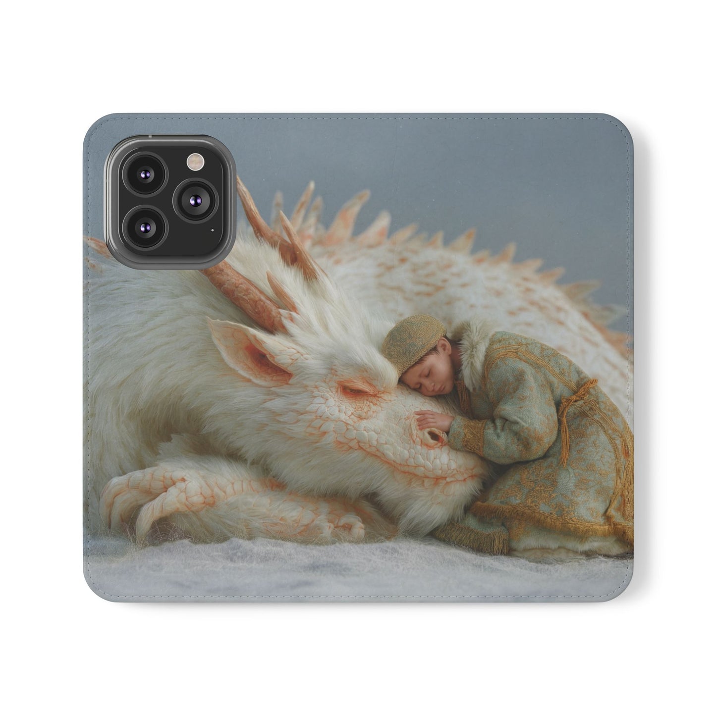 Sleeping Child and Dragon Flip Cases – Snowy Guardian Embrace