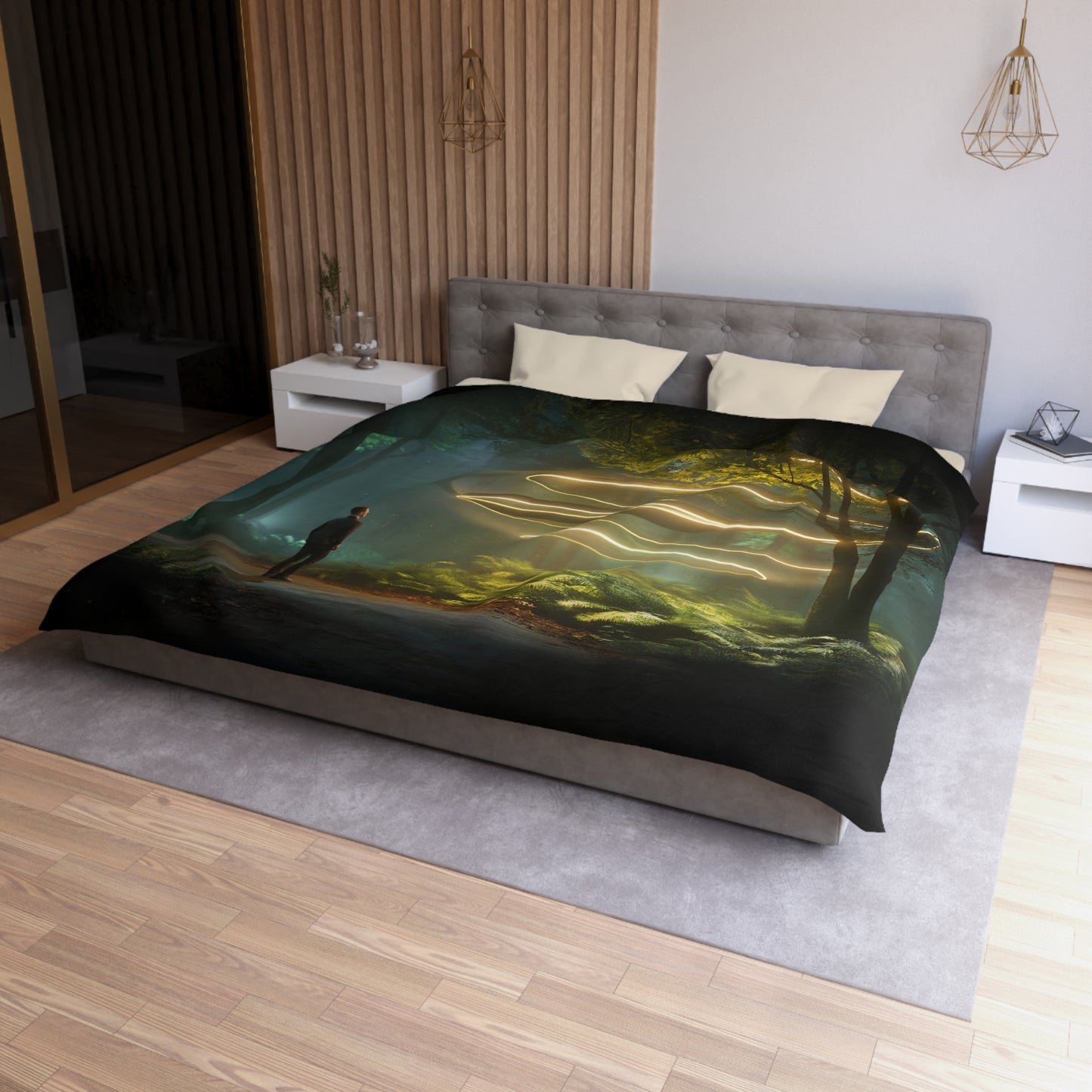 Title: Lumina Spiral Duvet Cover – Golden Rings in Whispering Woods