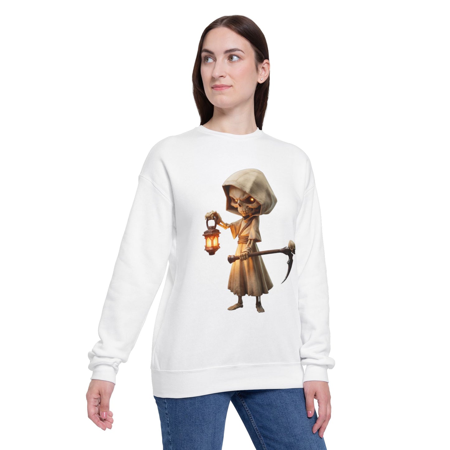 Lantern-Bearing Sentinel Unisex Drop Shoulder Sweatshirt – Hooded Grim Reap Guardian