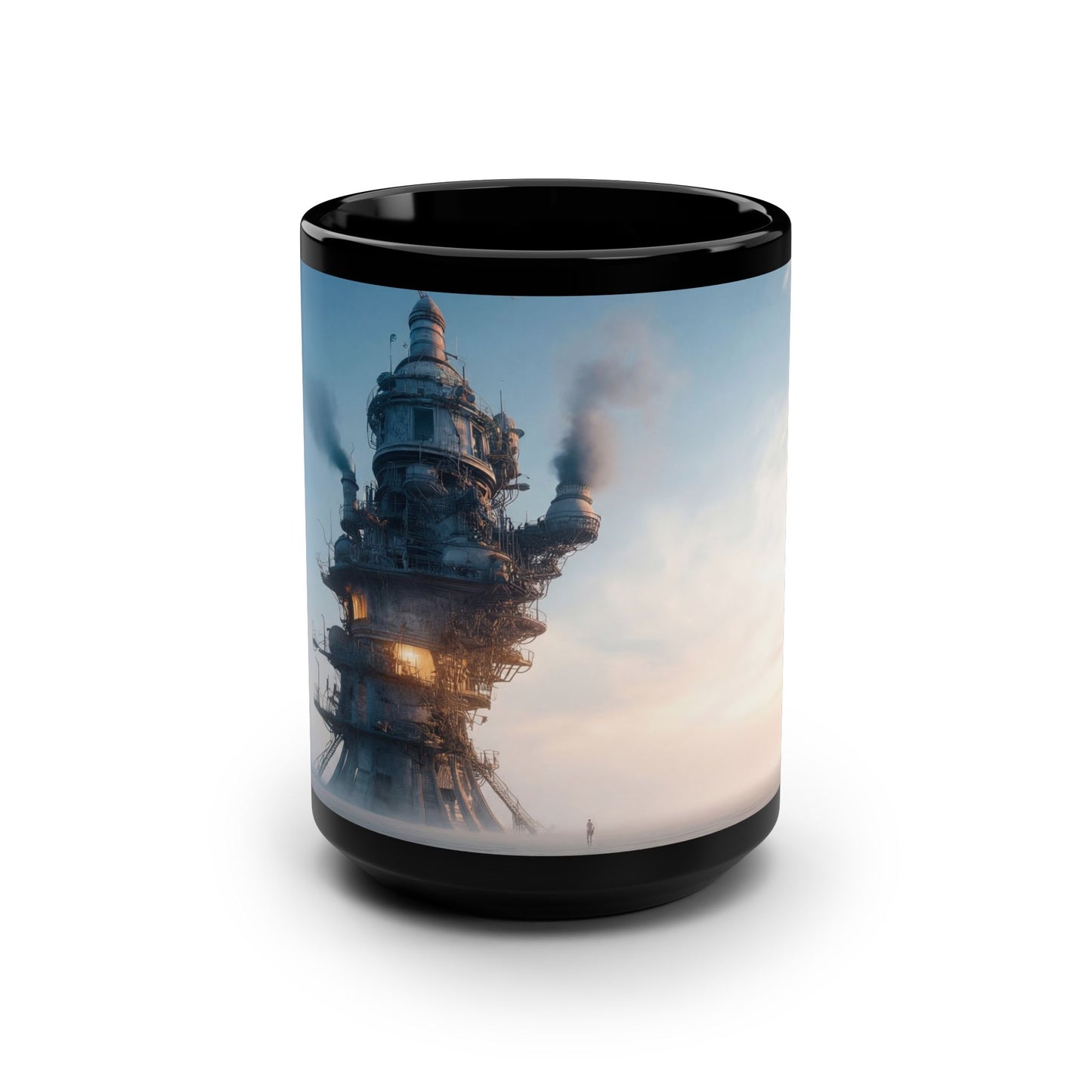 Rustic Tower Black Mug, 15oz – Industrial Dawn Sentinel