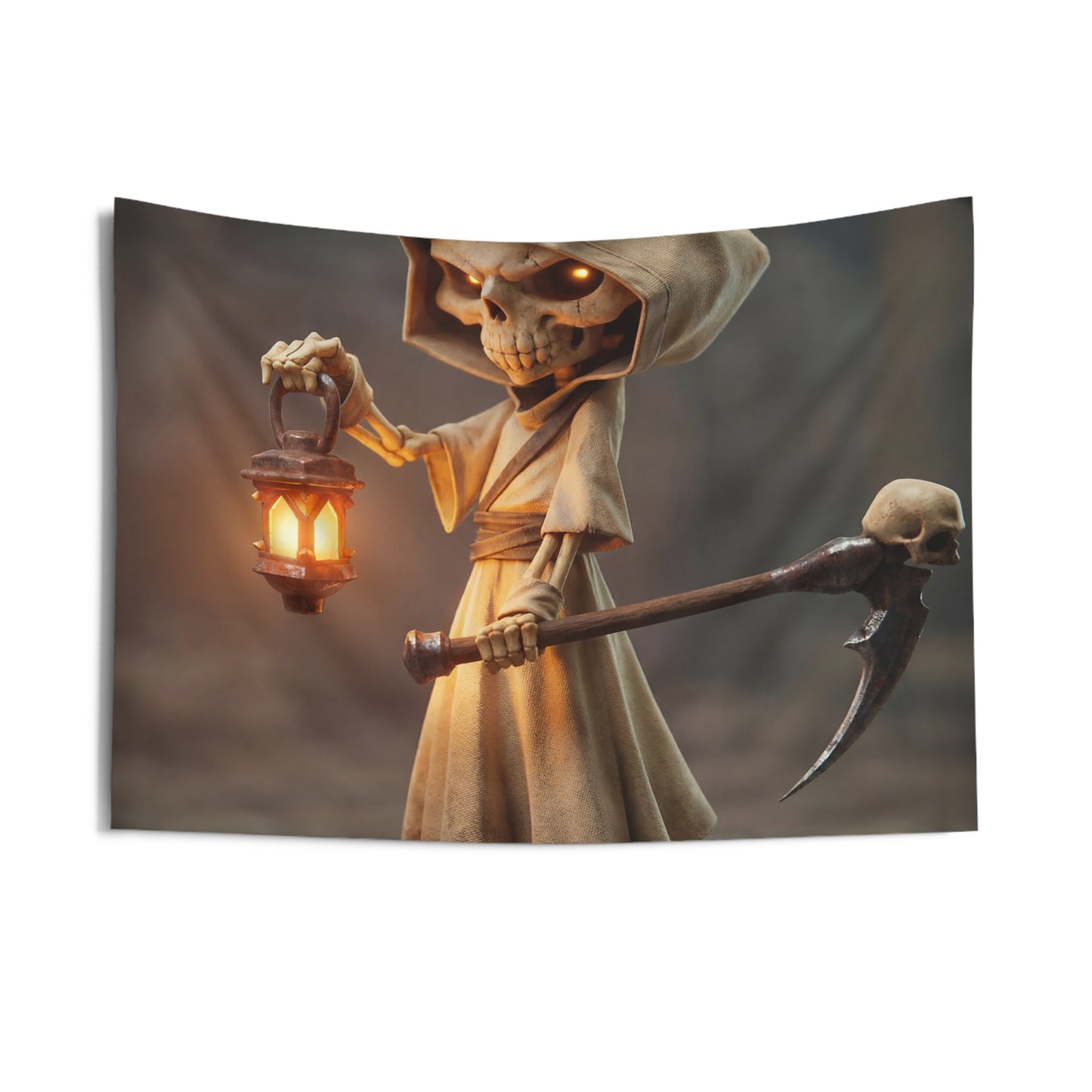 Lantern-Bearing Reaper Indoor Wall Tapestries – Warm Glow Through Twilight Shadows