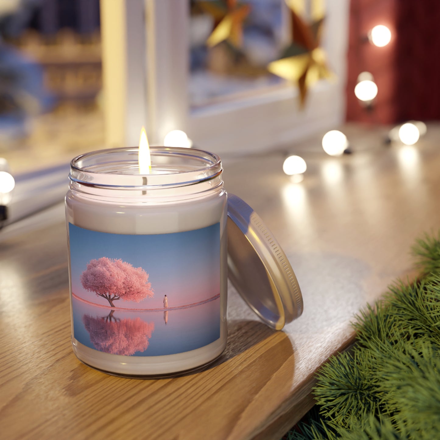 Solitary Pink Sakura Tree Scented Soy Candles with White Lid, 9oz – Twilight’s Quiet Reflection