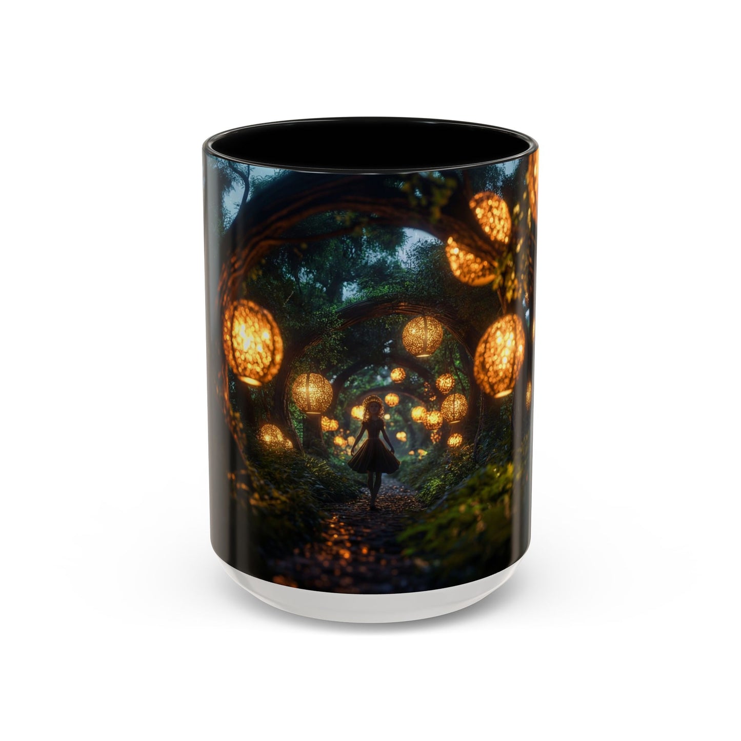 Luminous Forest Path Accent Coffee Mug (11, 15oz) – Warm Glow Through Ancient Branches