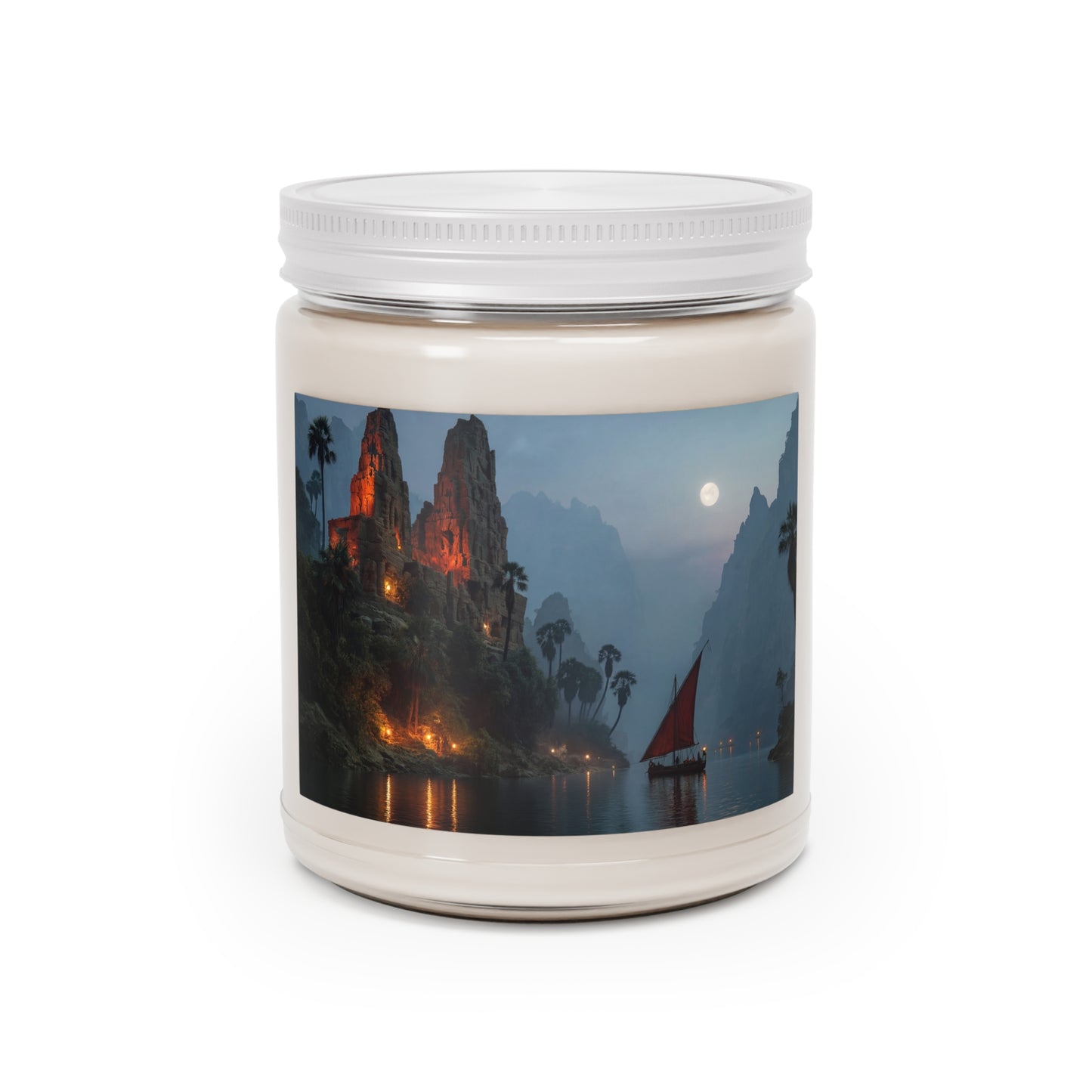 Moonlit Temple Ruins Scented Soy Candles with White Lid, 9oz – Amber Glow Across the Misty River