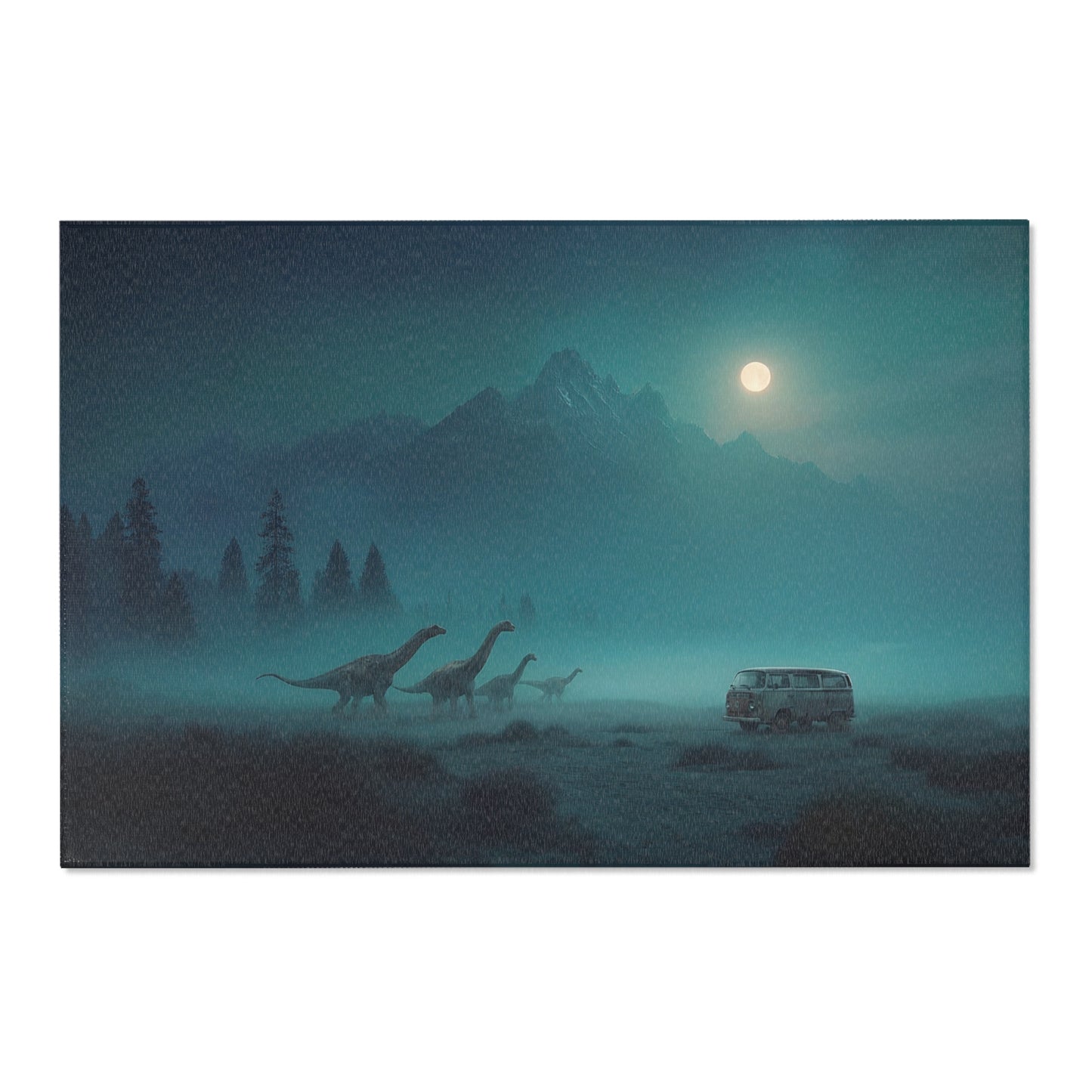 Moonlit Dinosaur Migration Rug – Vintage Van & Misty Peaks