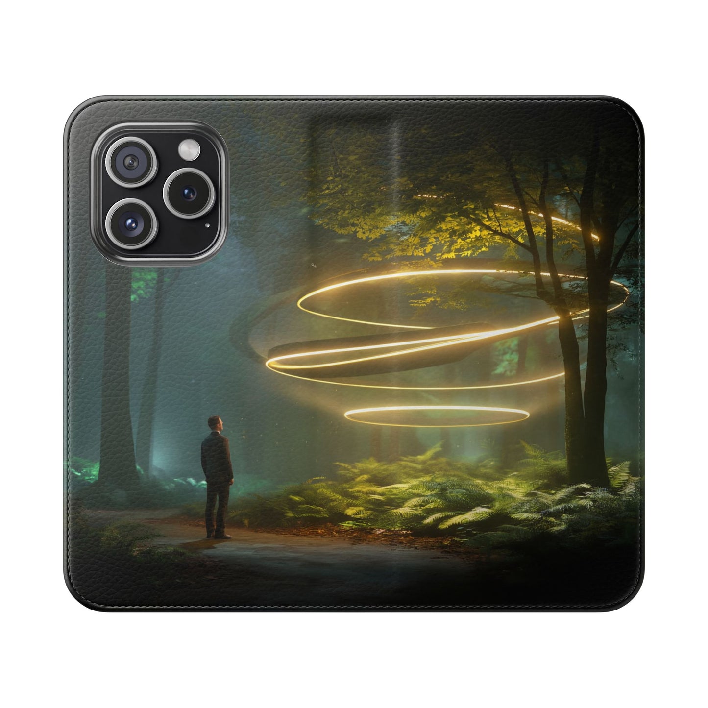 Luminous Spiral Forest Flip Cases – Golden Light Rings Mystery Scene