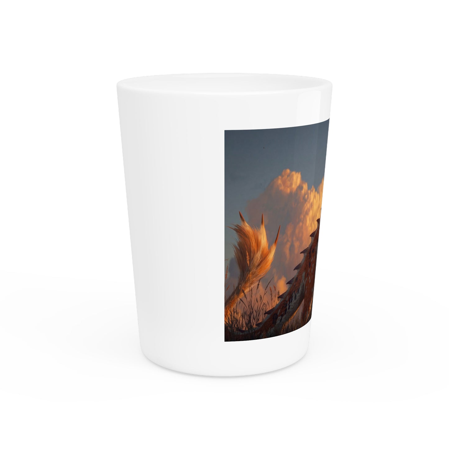 Sunset Sentinel Shot Glass – Amber Dragon in Golden Grasslands