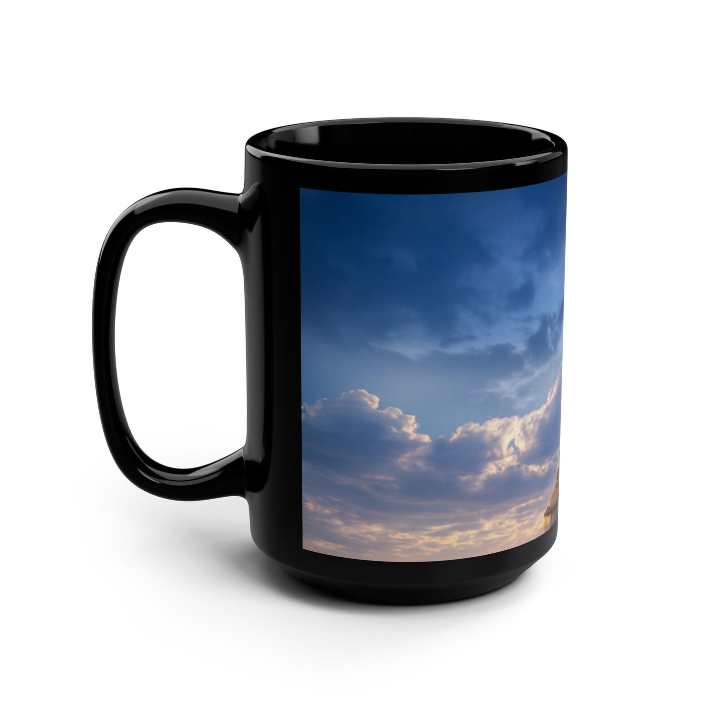 Towering Lighthouse Black Mug, 15oz – Glowing Beacon on Calm Sea