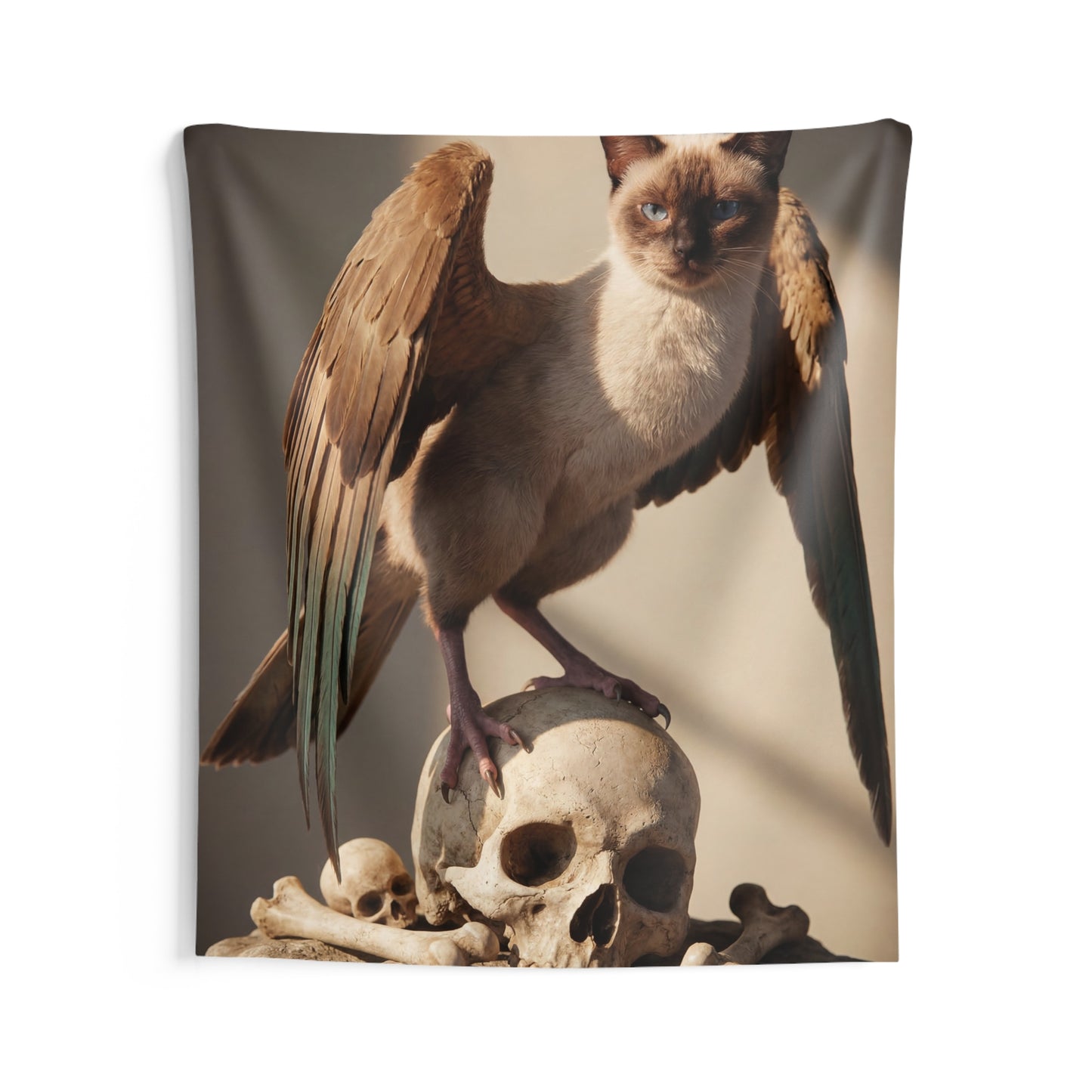 Winged Siamese Cat Wall Tapestry – Sunlit Guardian of Bones