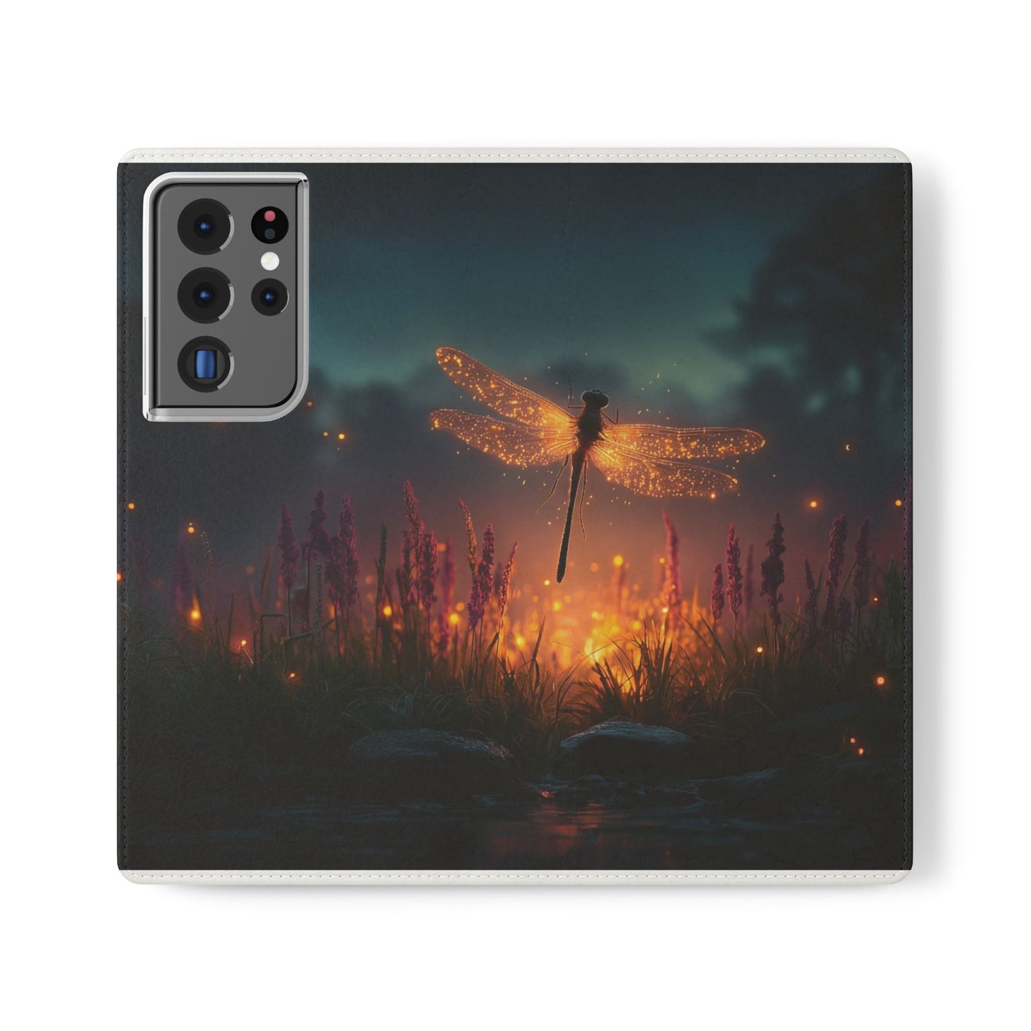 Bioluminescent Dragonfly Flip Cases – Glowing Amber Wings Over Twilight Marsh