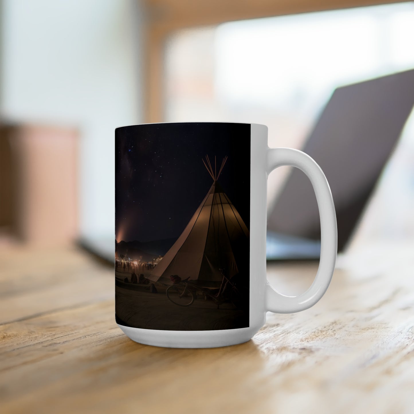 the esplanade at the burning man festival under the stars in the style of titian - Ceramic Mug 15oz