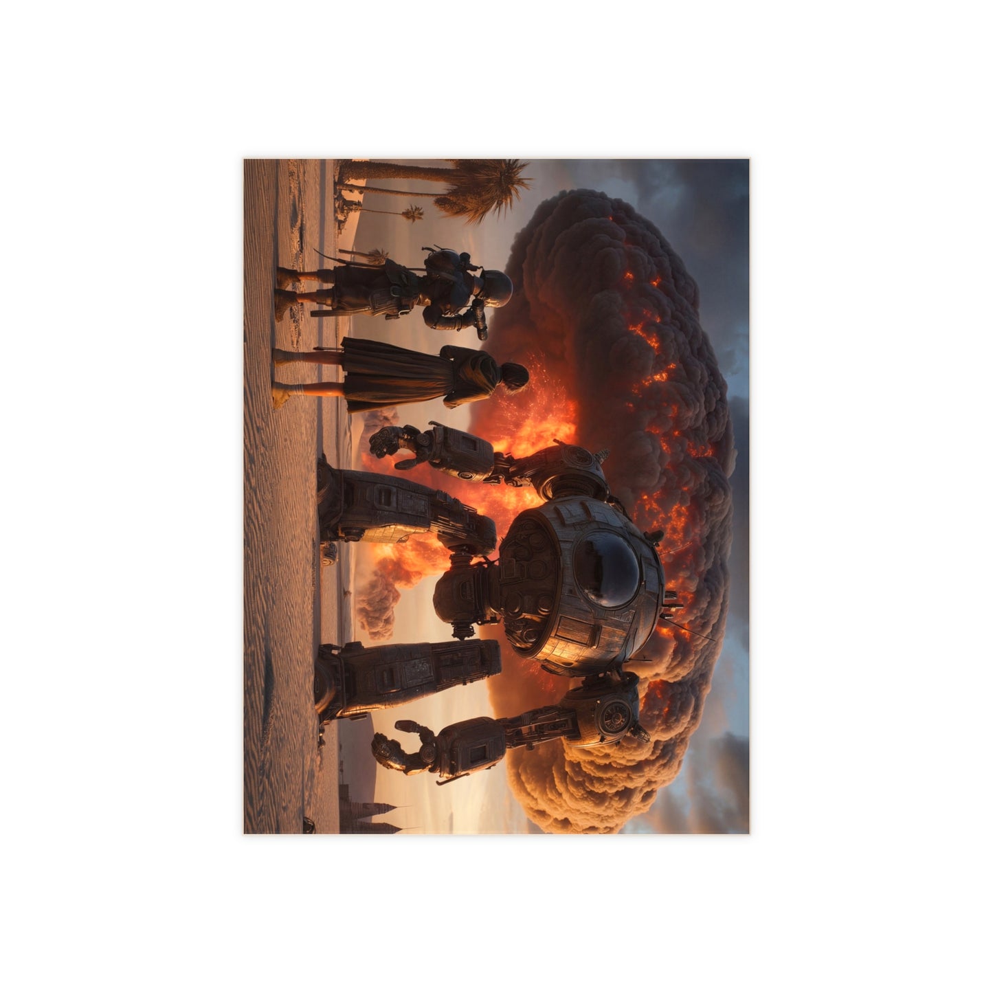 Giant Warbot Desert Dawn Ceramic Photo Tile – Witnessing the Sky’s Fiery Heart