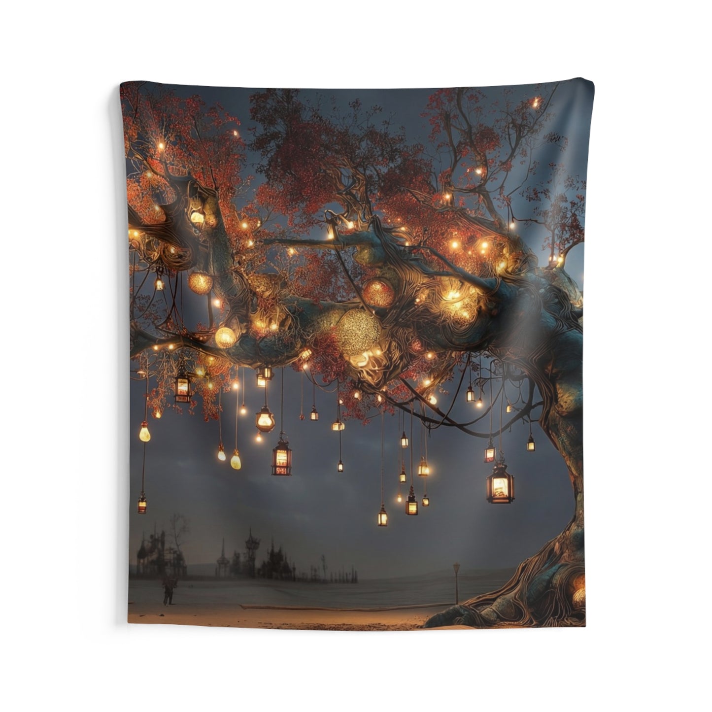 Lantern Tree Wall Tapestry – Desert Nightscape with Glowing Lights