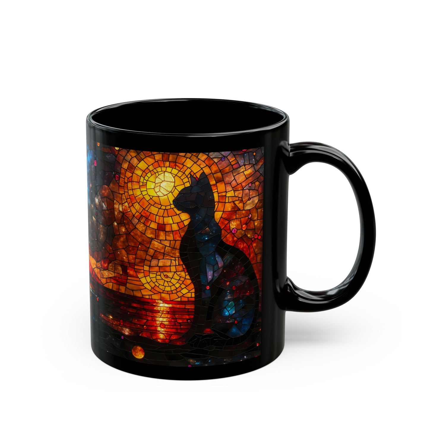 Cosmic Stained Glass Cat Mug – Celestial Guardian at Sunset