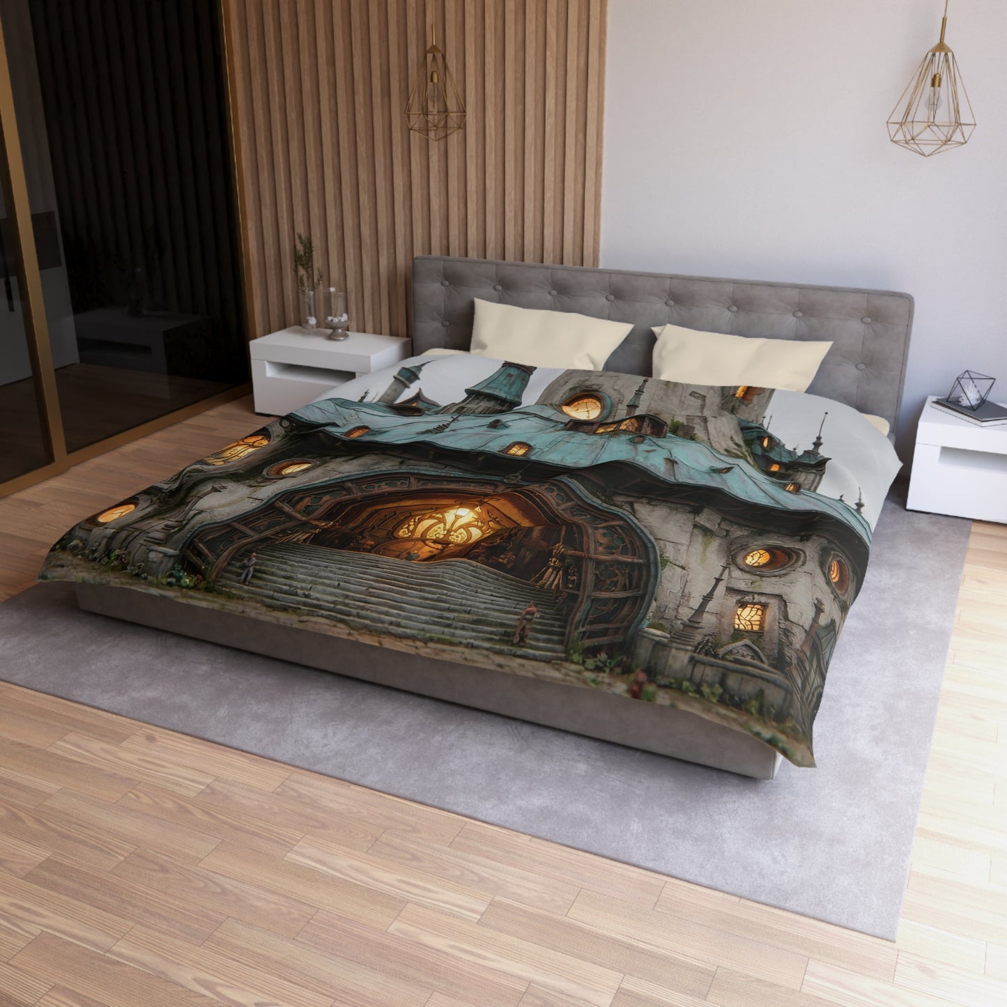 Whimsical Clocktower Duvet Cover – Twilight Citadel Dreamscape