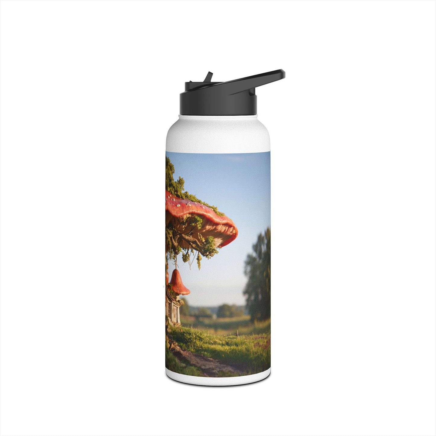 Mushroom Cottage Water Bottle – Red Cap Sanctuary in the Meadow