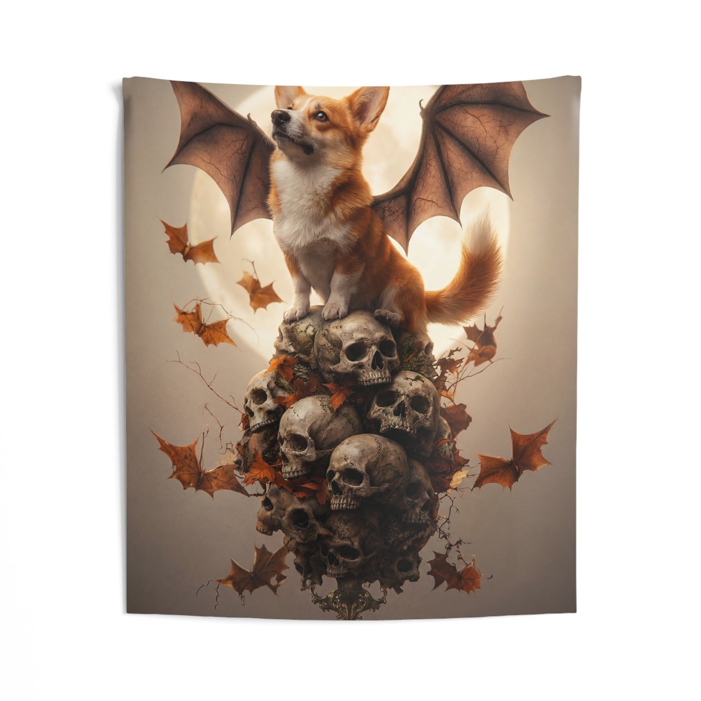 Winged Corgi on Skull Throne Tapestry – Autumn Moonlit Guardian