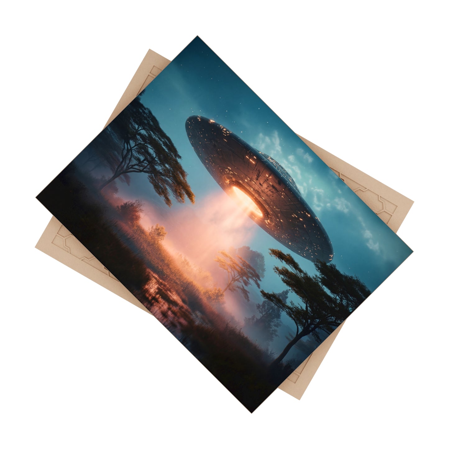 UFO Over Savannah Ceramic Photo Tile – Warm Light on Misty Earth
