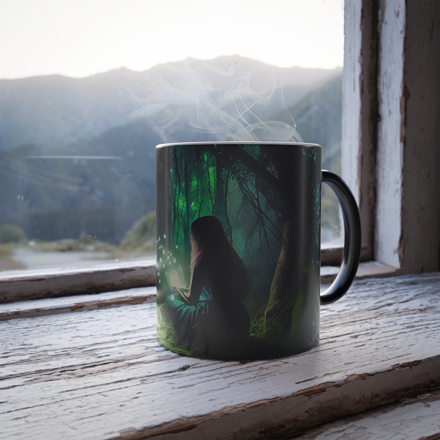 30 year old woman looking into a bright fairytale world, glow, fireflies, dark round frame, green nature, bright forest, highly detailed - Color Morphing Mug, 11oz