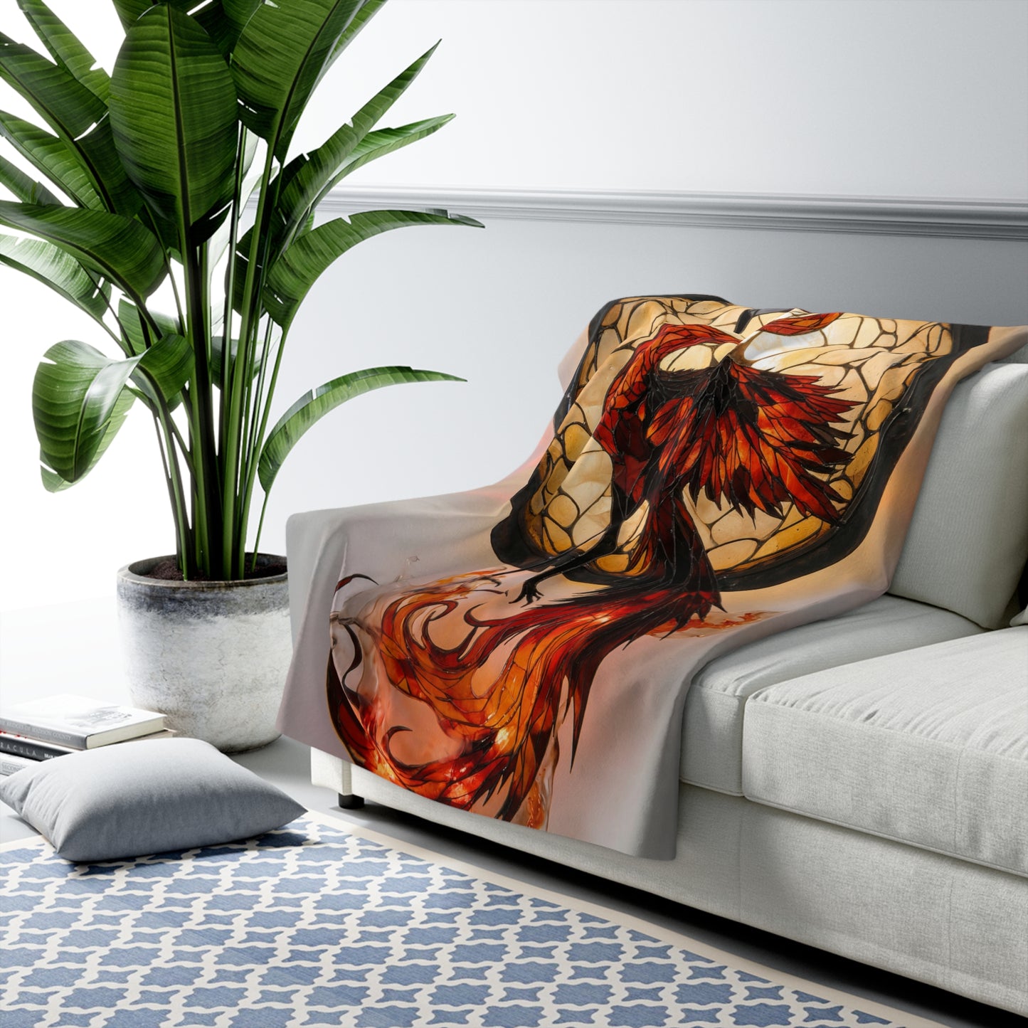 Stained Glass Phoenix Sherpa Fleece Blanket – Embered Talon Dreamscape