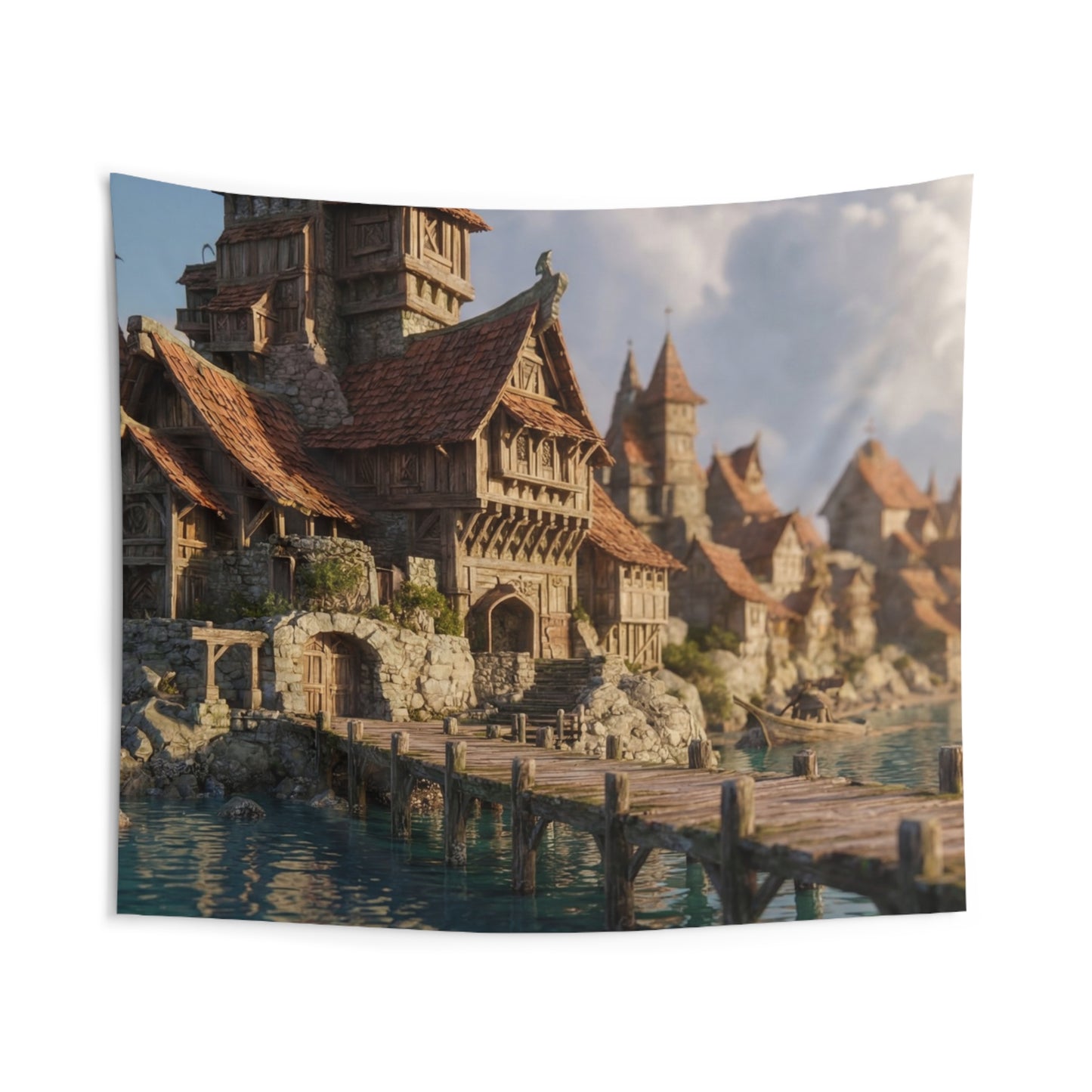 Coastal Viking Village Wall Tapestry – Sunlit Harbor Whispers