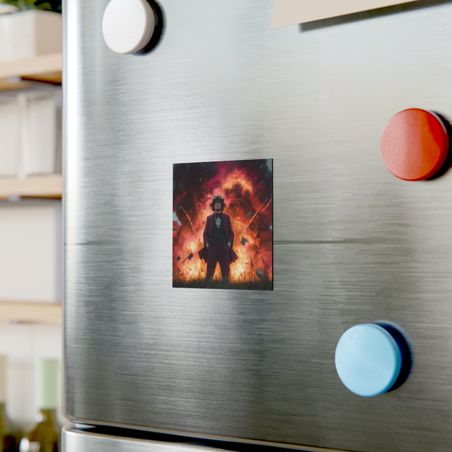 Mad Scientist Amidst Crimson Explosion Magnet – Unflinching Calm in Chaos