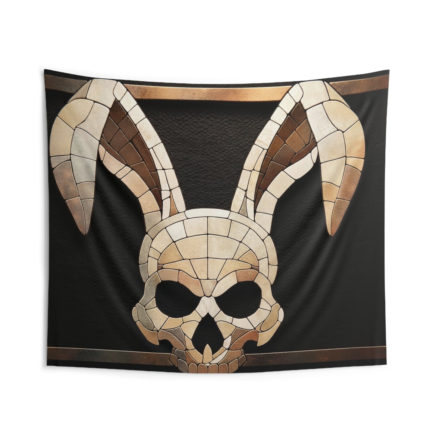 Mosaic Bunny Skull Wall Tapestry – Antique Bone & Copper Dreamscape