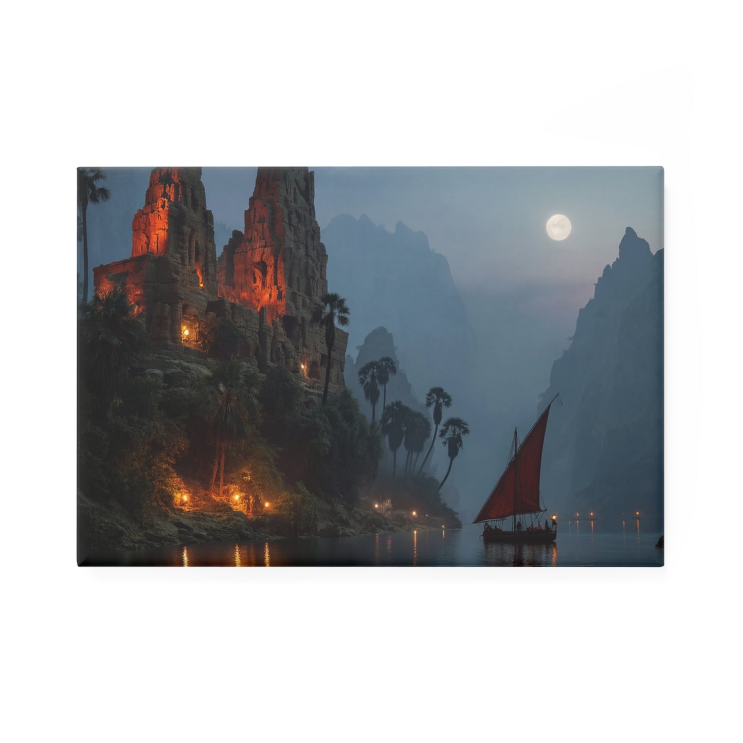 Moonlit Temple Voyage Button Magnet, Rectangle (1 & 10 pcs) – Crimson Sail Under Ancient Stones