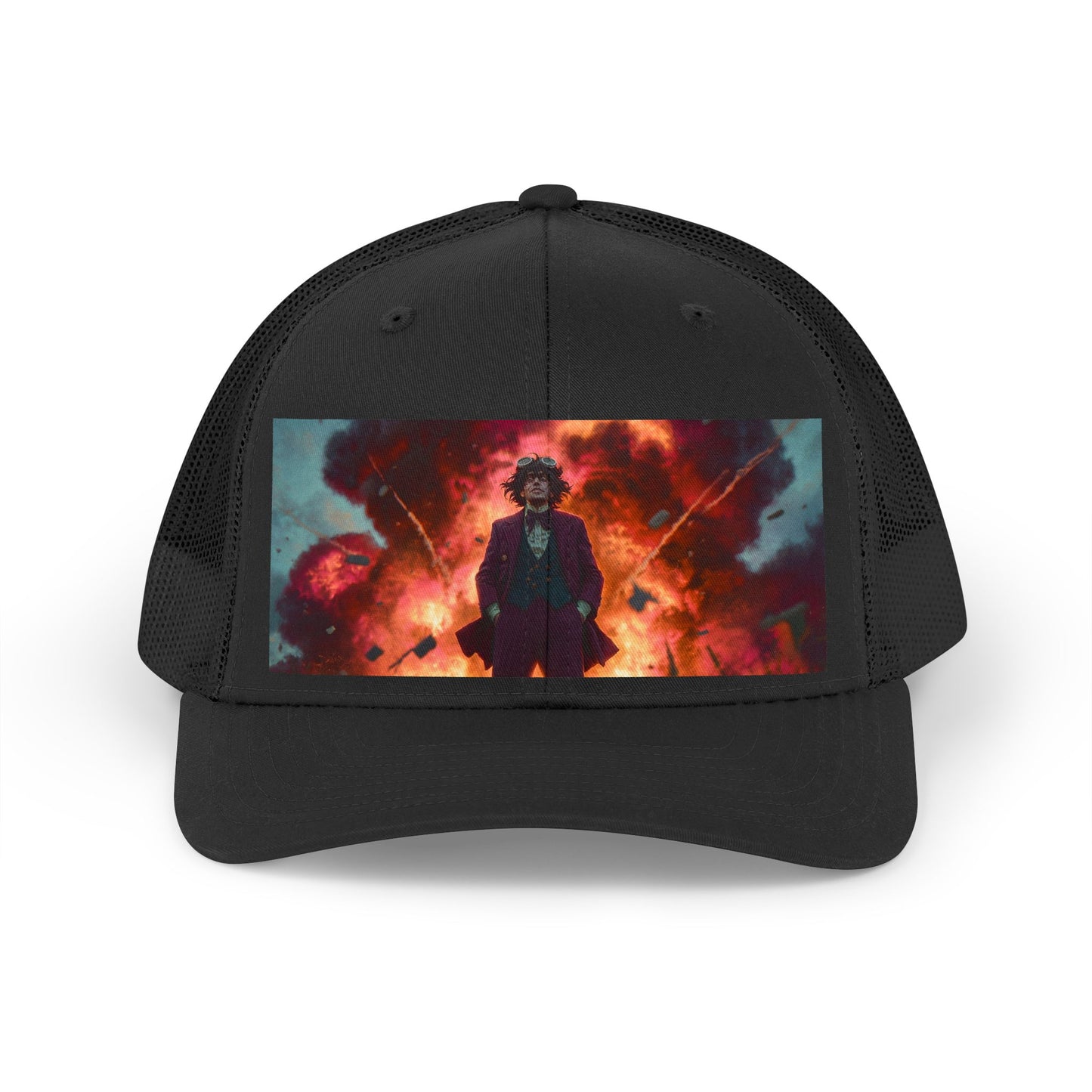 Explosive Vignette Trucker Retro Hat – Crimson Pinstripe Sentinel