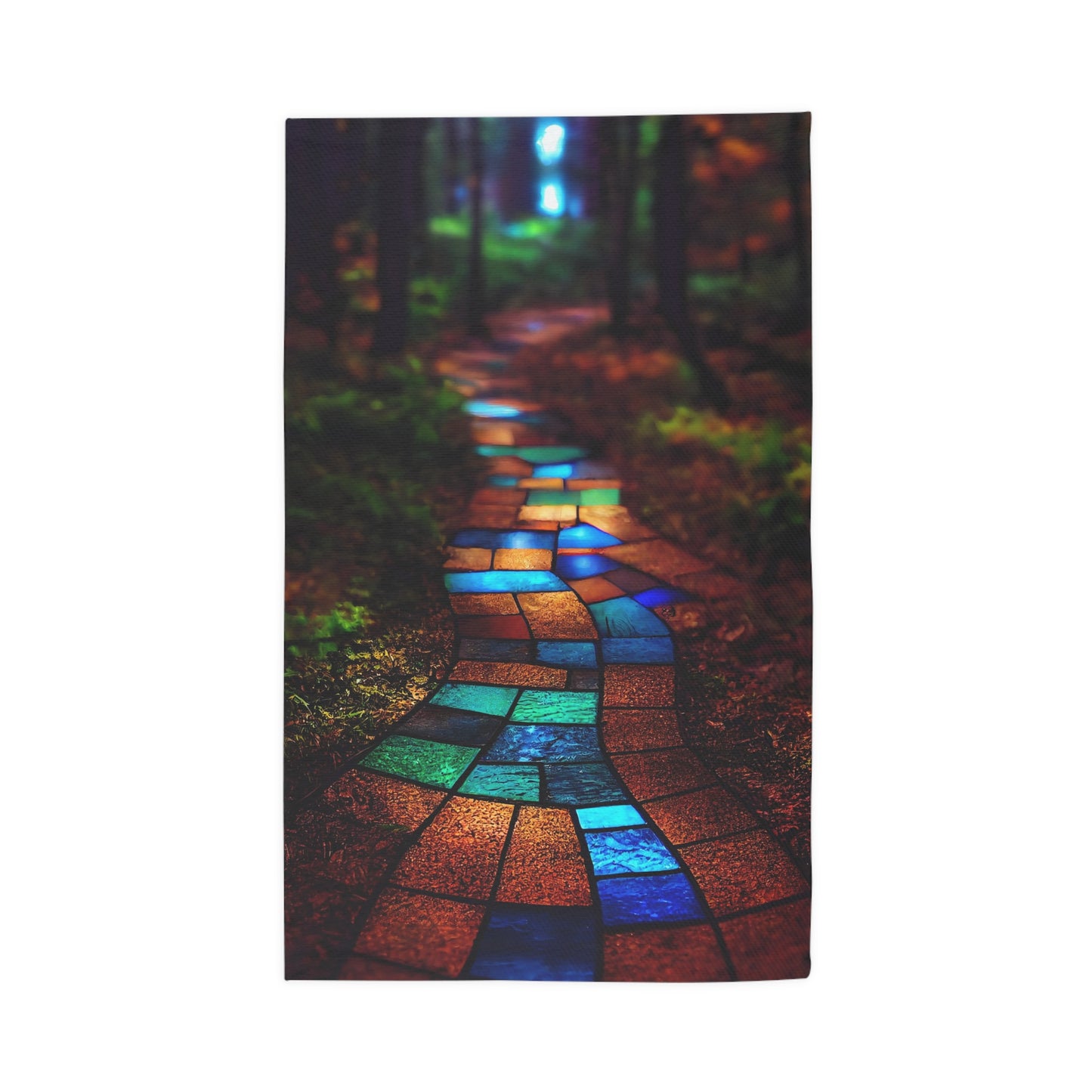 a path paved with stained glass winding through the forest. The path is made of beautiful brightly colored blue green red bronze luminous glass, high quality photograph - Dobby Rug