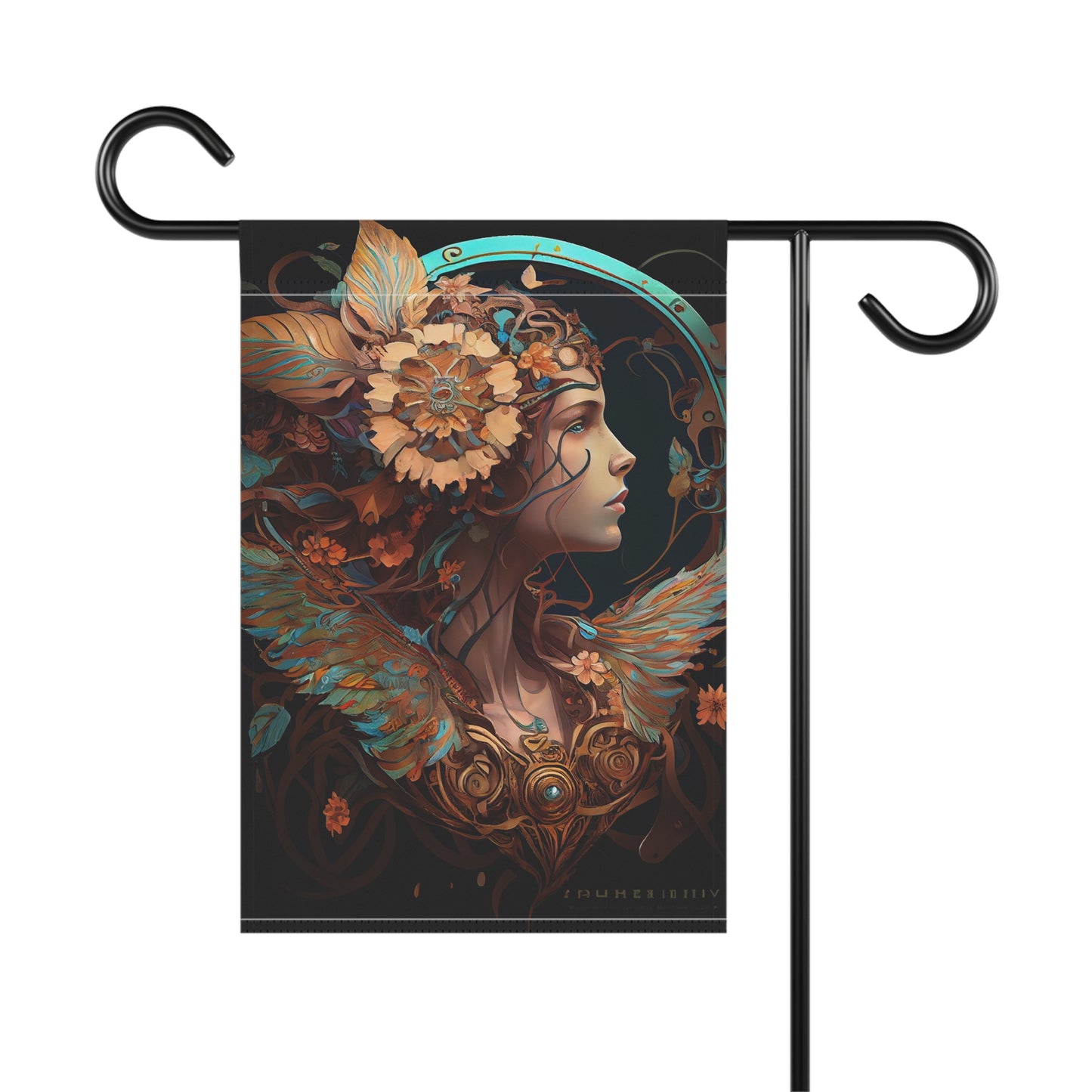 product design, psychedelic, dmt, self-transforming steampunk machine oracle elves, chrysanthemum, art nouveau, alphonse mucha - Garden & House Banner