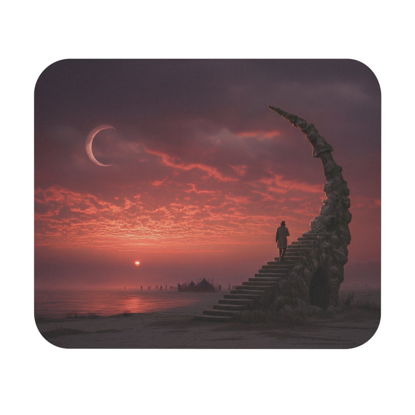 Lone Traveler Ascending Staircase Mouse Pad – Crimson Twilight Odyssey